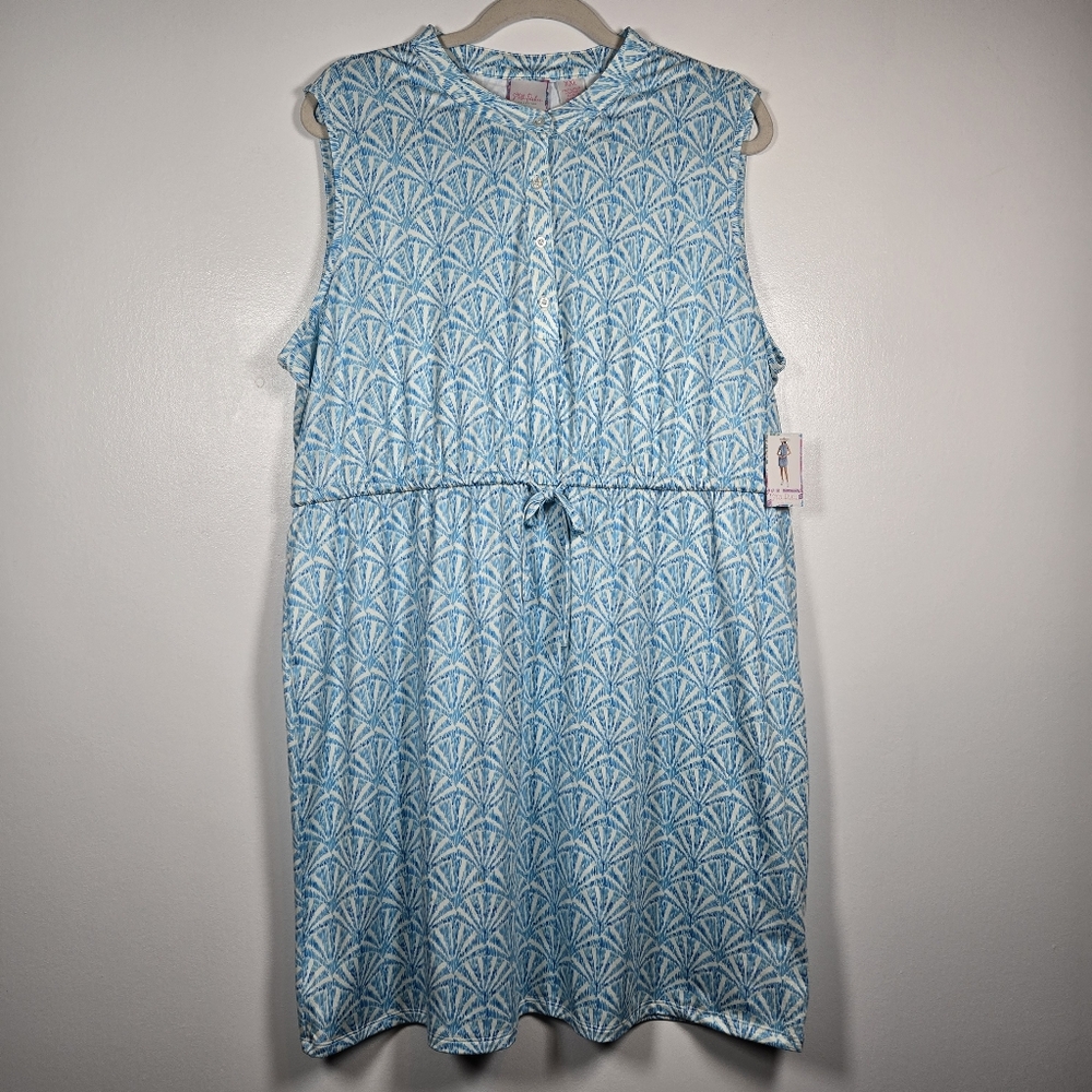 NEW Stella Parker UPF 30 Blue White Printed Sleeveless Dress Plus Size XXL